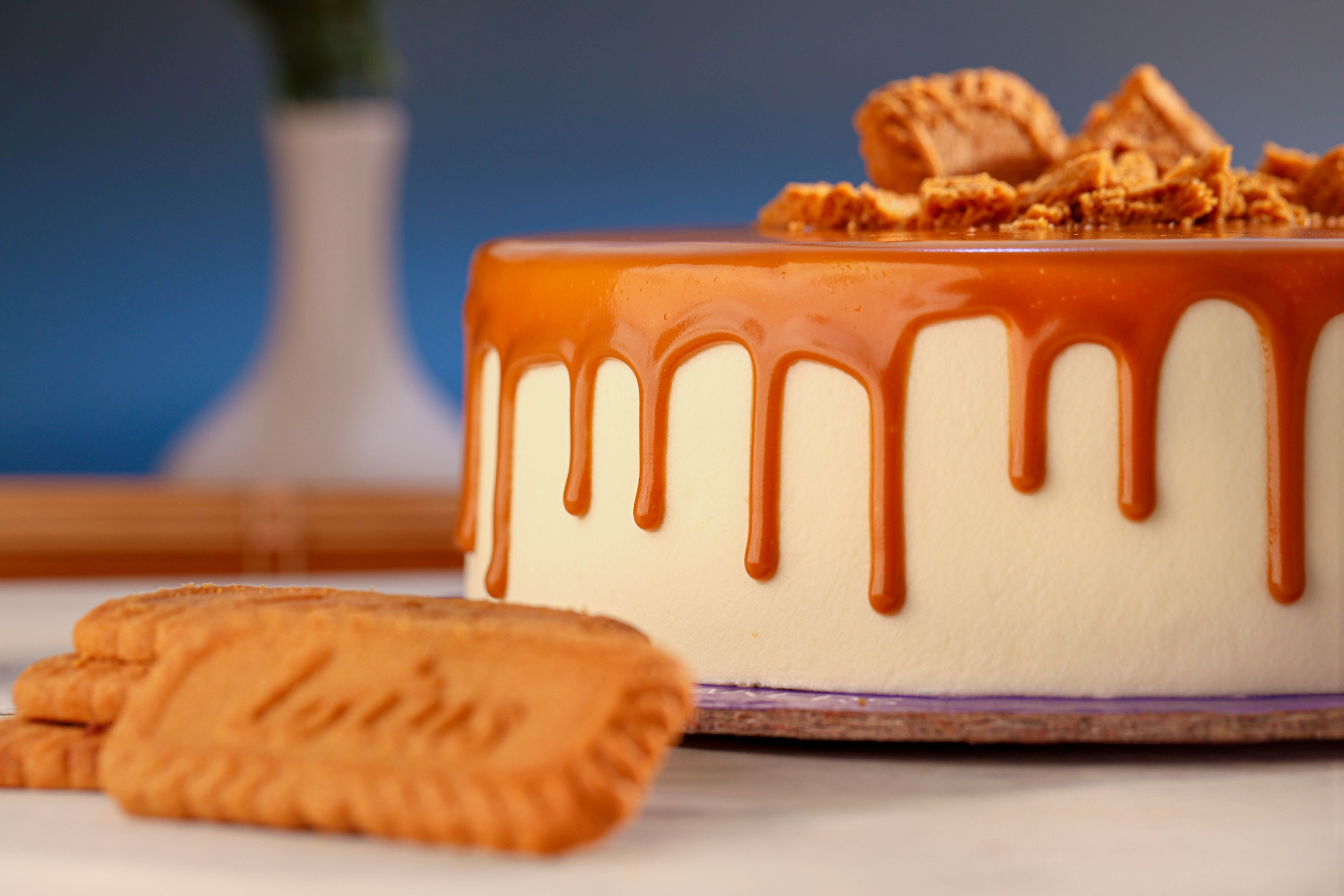 Creamy cheesecake with caramel drip topping and biscuit on side